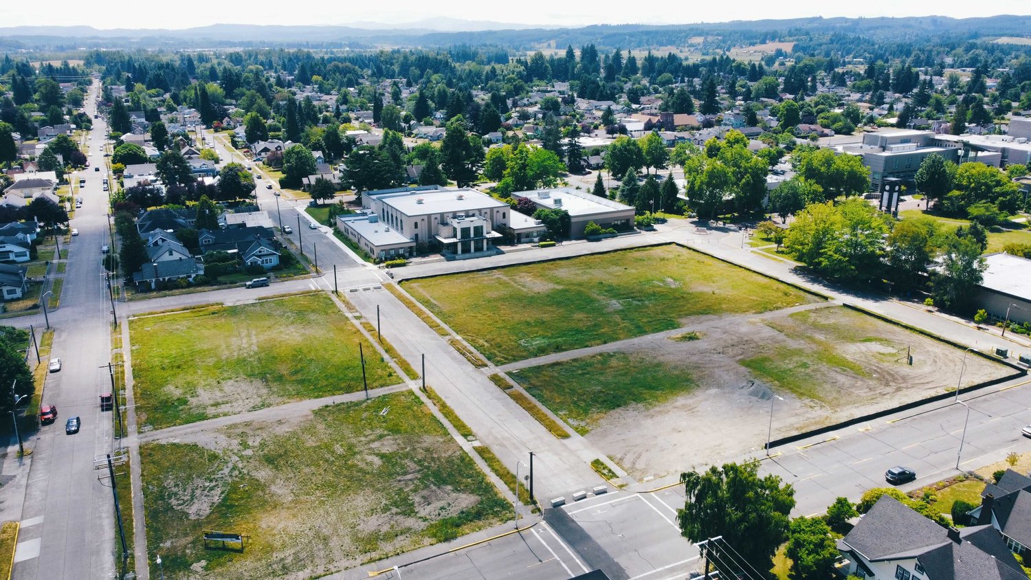 South Silver Street, left, and South Iron Street, middle, run south in this aerial view of the site where Centralia College’s athletic complex is set to be built. The college’s gymnasium sits in the top center of the photo. The new turf complex will house a baseball field, softball field and an NCAA-sized soccer pitch.